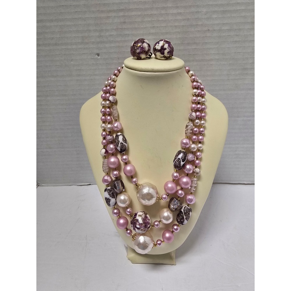 Vintage coquette Purple Faux Pearl Multi Strand Necklace & Clip On Earring Set